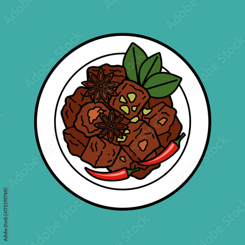 Aromatic Asian Meat Stew Garnished with Star Anise, Fresh Herbs, and Red Chili Peppers - Vector