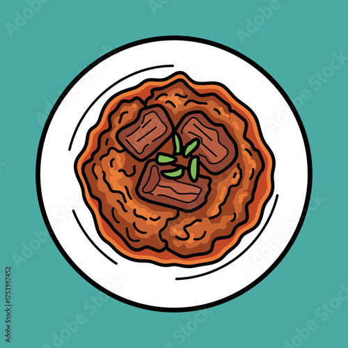 Top View of Rich Savory Meat Stew with Green Onion Garnish in a White Bowl - Traditional Asian Dish Vector