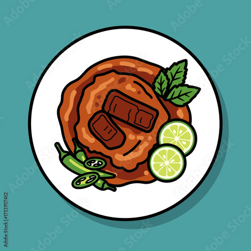 Zesty Asian Meat Stew Garnished with Fresh Lime Slices, Green Chilies, and Mint Leaves - Vector