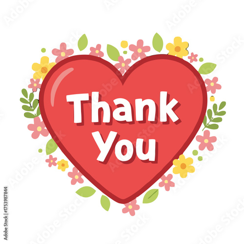 Vibrant red heart with the words thank you written in, surrounded by colorful border small pink and yellow flowers and green leaves