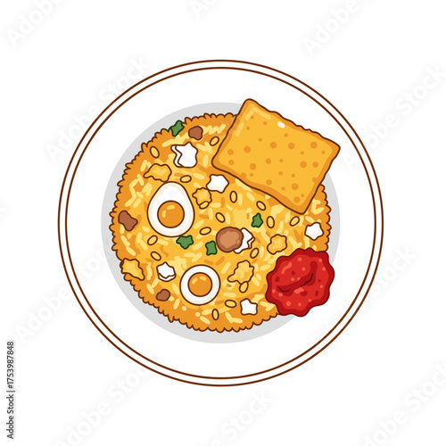 Appetizing top-down vector illustration of Nasi Goreng, Indonesian fried rice, served with fried eggs, a cracker, and sambal.