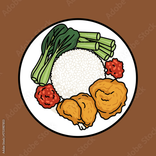 Top-down vector illustration of Ayam Goreng, fried chicken with rice, bok choy, and spicy sambal, served on a white plate.