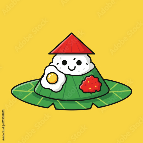 Cute Cartoon Nasi Lemak Character with Conical Hat, Fried Egg and Sambal on Banana Leaf