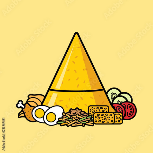 Traditional Nasi Tumpeng with Fried Chicken, Boiled Egg, Tempeh, and Vegetables