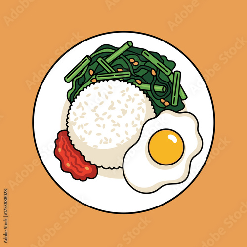 Nasi Lemak with Rice, Fried Egg, Kangkung (Water Spinach), and Sambal on Plate