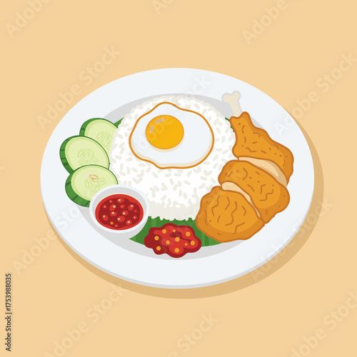 Nasi Lemak with Rice, Fried Chicken, Fried Egg, Sambal, and Cucumber Slices