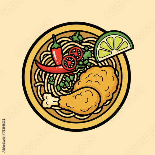 Top View of Chicken Noodle Soup Bowl with Chili, Lime, and Green Onions