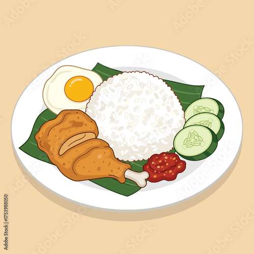 Nasi Lemak with Rice, Fried Chicken Leg, Fried Egg, Sambal, and Cucumber on Banana Leaf