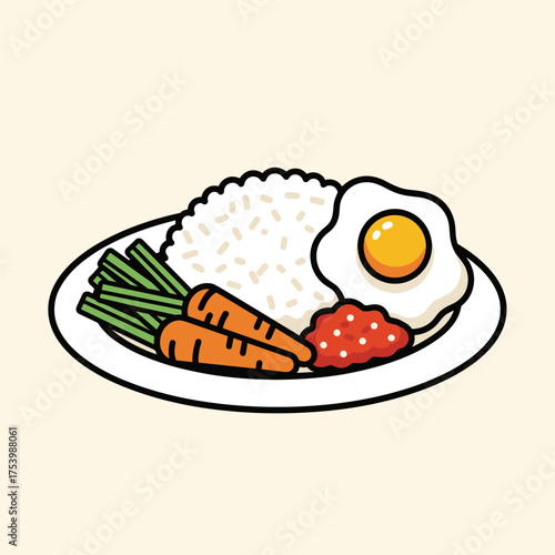 Simple Nasi Lemak with Rice, Fried Egg, Sambal, Carrots, and Green Beans