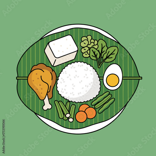 Nasi Lemak with Rice, Fried Chicken, Tofu, Boiled Egg, and Vegetables on Banana Leaf