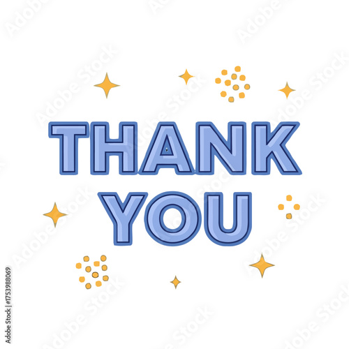 Blue thank you text with yellow stars and dots