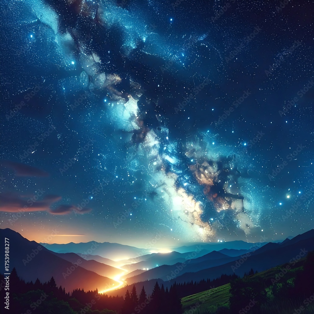Fototapeta premium Panoramic view of mountains under a vibrant, star-filled night sky