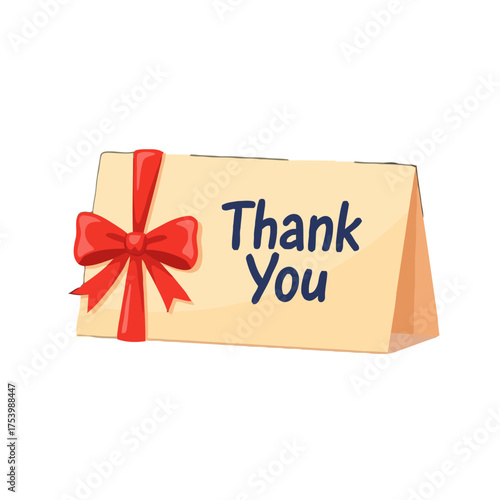 Folded card with the words thank you written in dark blue, adorned with red ribbon and bow