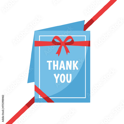 Blue thank you card with red ribbon and bow, , conveying sense elegance and sincerity for expressing thanks, ideal for personal notes and formal acknowledgments
