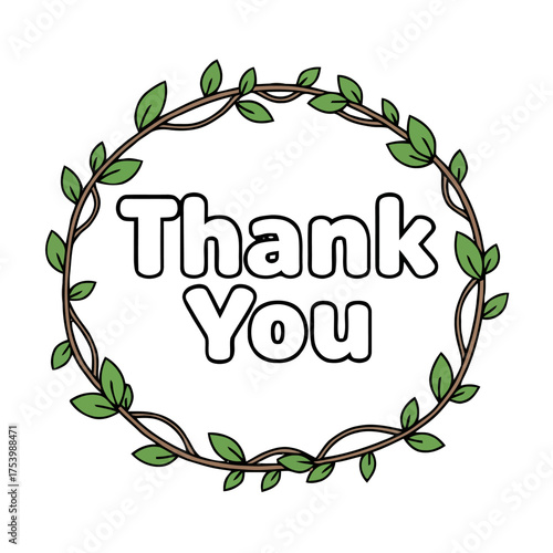 Circular vine border with thank you text inside, , offering charming and natural way to express gratitude, suitable for various decorative and communicative purposes