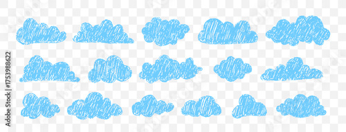 Sketchy crayon clouds on chalkboard texture. Playful sky elements for school or baby shower decor. Vector illustration.