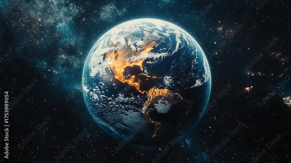 Fototapeta premium Glowing earth seen from space with city lights and stars
