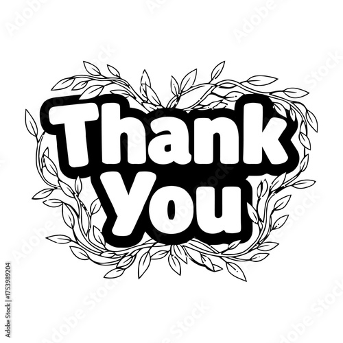 Elegant thank you text in bold letters, surrounded by delicate outline leaves and vines, isolated on transparent