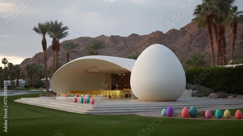 Scenic view of an egg shaped building and mountain landscape, lined with colorful eggs