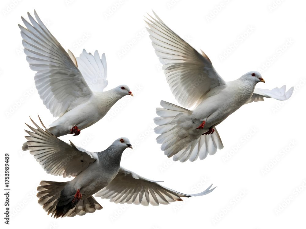 Fototapeta premium Three doves captured mid-flight against a pure white background