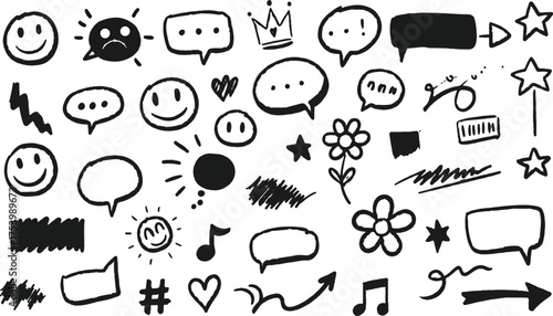 Adobe Illustrator Artwork, Collection of hand drawn doodle elements including smiley faces speech bubbles stars flowers musical notes and arrows for creative design
