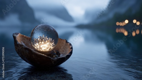 Crystal sphere, illuminated, nestled in a shell, by a tranquil lake