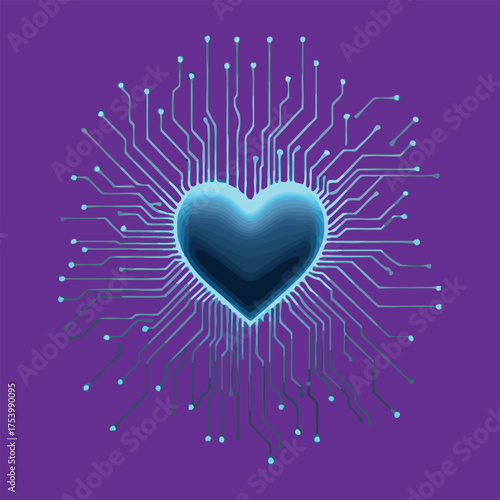 Neon Blue Heart with Circuit Board Design for Tech Inspired Artwork