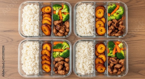 Healthy Meal Prep Containers with Rice, Vegetables, and Protein.