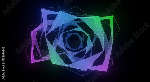 Abstract geometric shapes rotate and morph against a black backdrop, creating a mesmerizing display of light, color, and movement in a dynamic composition