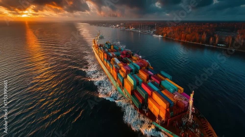 Vibrant sunset over a container ship navigating through calm waters, showcasing maritime transport and cargo movement