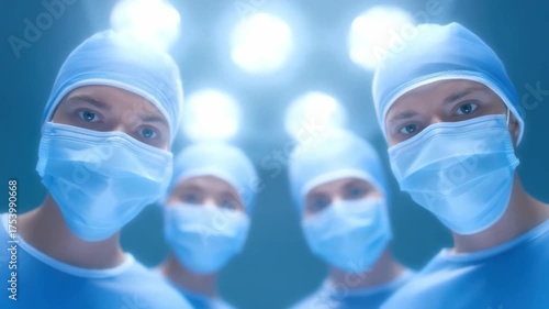Group of Medical Professionals Wearing Scrubs and Masks in an Operating Room with Bright Surgical Lights Above Them