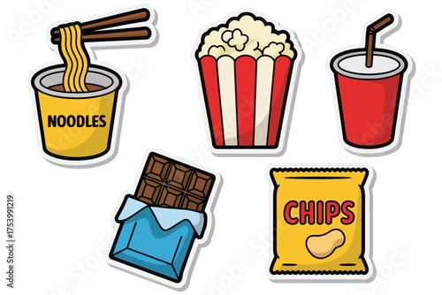 Fast food snack icons vector illustration collection featuring burgers, fries, pizza, soda, and hot dogs for restaurant branding, cafe menu design, delivery app, and digital marketing.