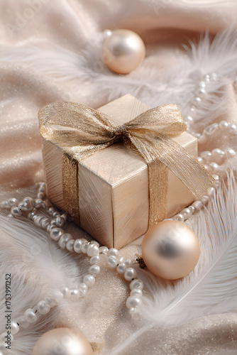 Pastel colored Christmas decorations, gift box