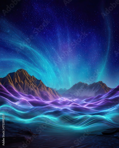 Colorful Abstract Landscape with Mountains and Northern Lights