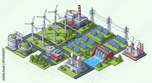 Isometric illustration showcasing diverse energy sources including wind turbines, solar panels, hydroelectric dam, and nuclear power plant for sustainable future