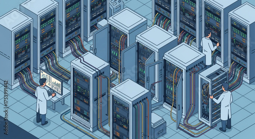 Isometric illustration depicting a server room with technicians monitoring and maintaining the network infrastructure, ensuring optimal performance and security