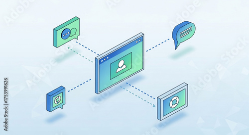 Isometric illustration of a video conference call with multiple participants and communication tools