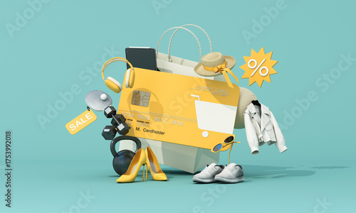 Yellow credit card with fashion items, fitness gear, and shopping bags on turquoise background, representing online shopping and lifestyle promotion. 3d rendering.
