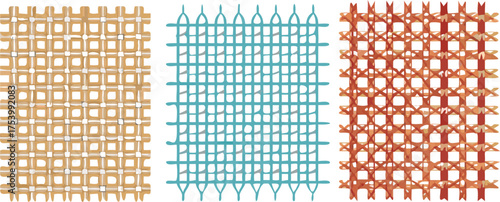 Three square grids are shown side by side. The first is tan with a basketweave pattern, the second is light blue and delicate, and the third is orange with a textured lattice.