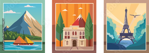 Three framed artworks depict stylized scenes: a sailboat on a lake with mountains, a historical building with trees, and the Eiffel Tower with a bird.