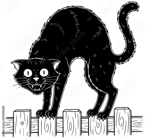 Scary black cat arching back on fence, Halloween fright, spooky feline friend