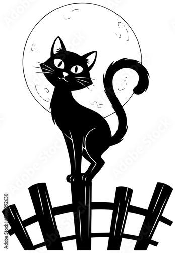 Mystical black cat on fence under full moon, perfect for Halloween designs now