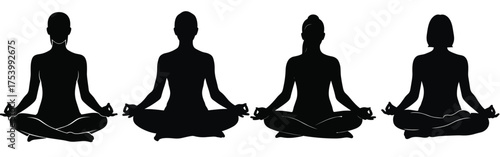 Yoga Meditation Silhouette Vector Set. Collection of Men and Women in Lotus Pose, Practicing Peace and Mindfulness. Concept for Wellness, Healthy Lifestyle, and Spiritual Balance.