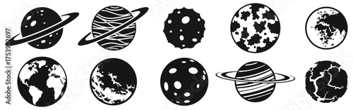 Black Planet Silhouette Vector Set. Collection of Space Icons with Earth, Saturn, Moon, and Abstract Alien Planets. Concept for Astronomy, Galaxy, Space Exploration, and Science.