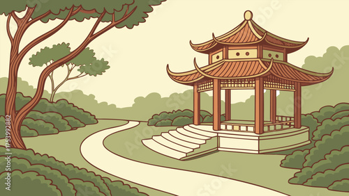 Illustration of a serene Asian garden with a traditional pagoda, curving path, lush green bushes, and a large tree, conveying peace and tranquility.