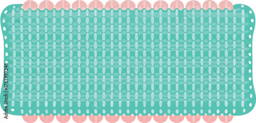 Turquoise rectangular mat with a woven pattern and rounded corners. Pink semicircles decorate the edges, creating a soft, playful look.