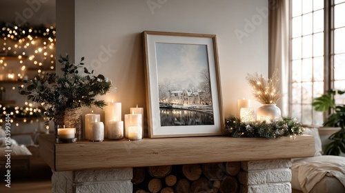 Realistic A3 white poster mockup on wall in cozy Christmas interior with candles, pine branches, garlands and warm Scandinavian festive decor