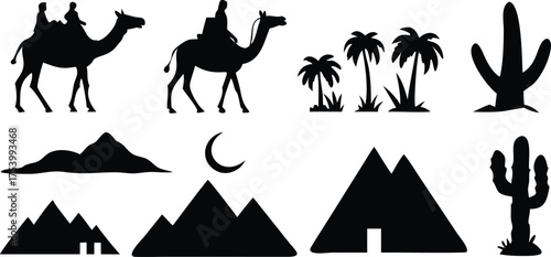 MobileSilhouette icons of camels with riders, palm trees, cacti, mountains, and pyramids with a crescent moon, conveying a desert theme.