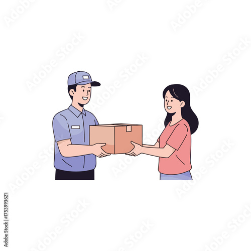 Delivery Man Presenting Package to Cheerful Female Customer, Express Mail and Parcel Service