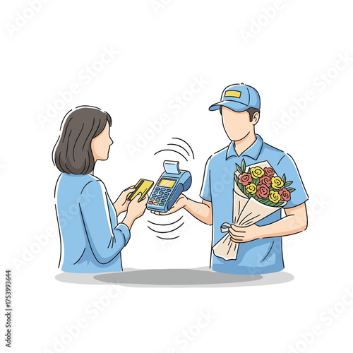 Woman Making Contactless Credit Card Payment for Flower Delivery, Modern Gifting Service